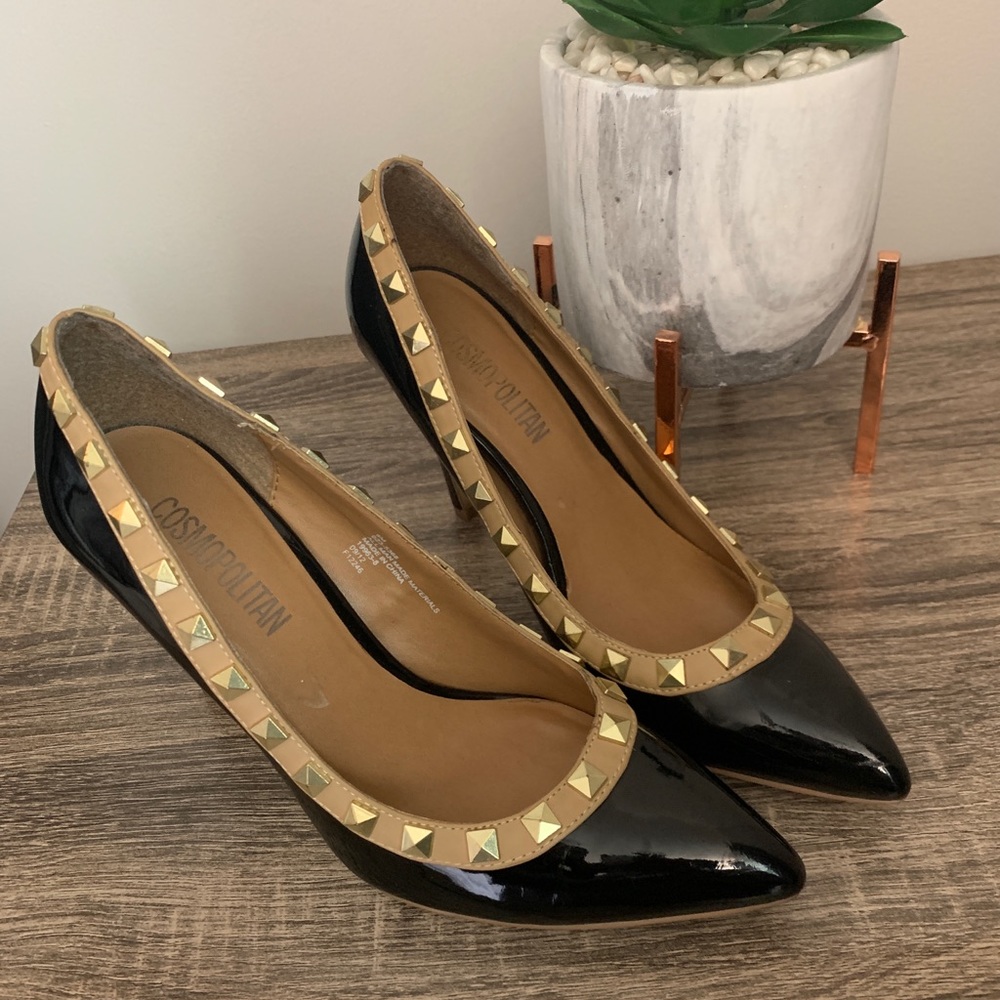 COPY - Black/Tan Cosmopolitan Heels with Rockstuds  8M
